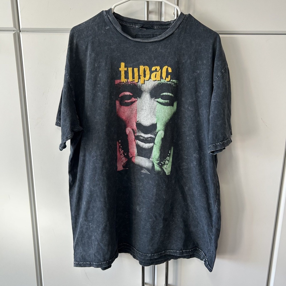 Cross Colours Tupac Shakur Acid Wash Graphic T-Shirt Gray Mens L